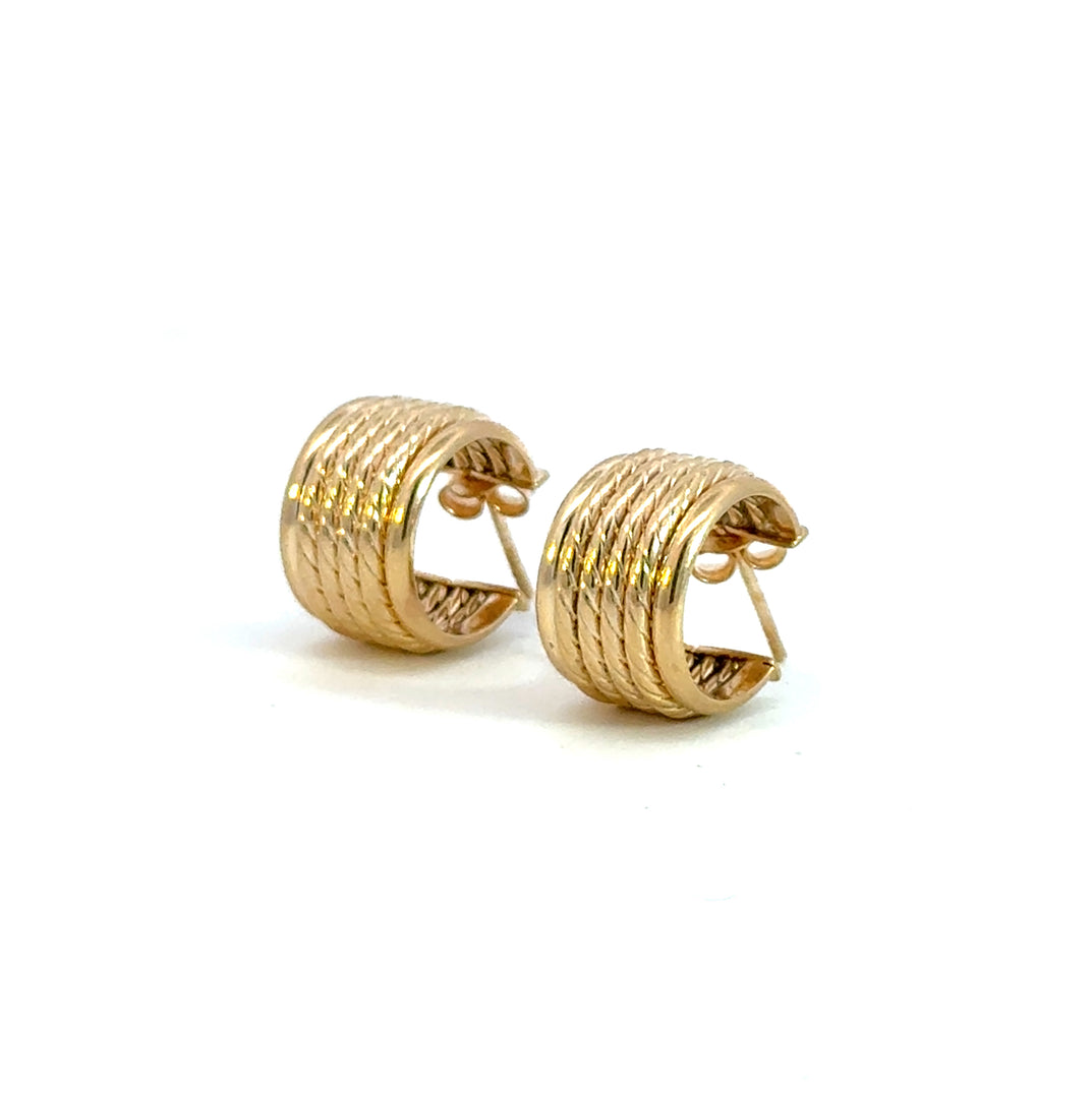 15850018990. 14K Solid Gold Ribbed Hollow Hoop Earrings
