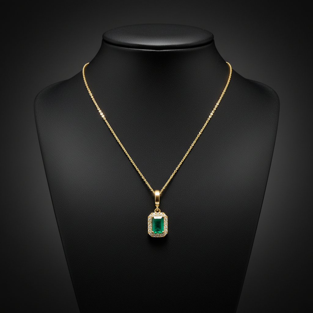 CMC00365EM6X4. 14K Solid Gold Rectangular-Shaped Emerald and Diamond Charm