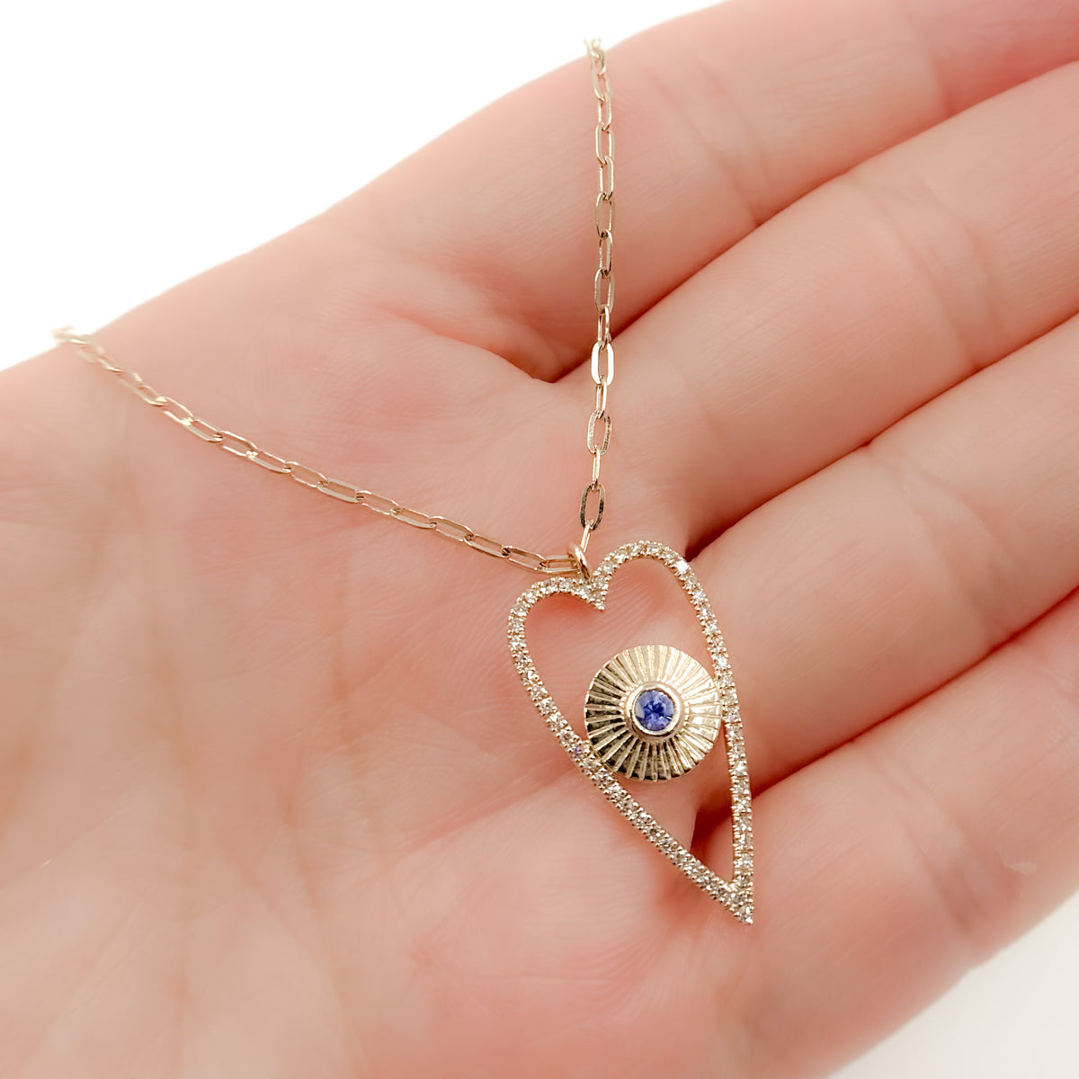 14K Solid Gold Diamond and Blue Sapphire Heart Necklace