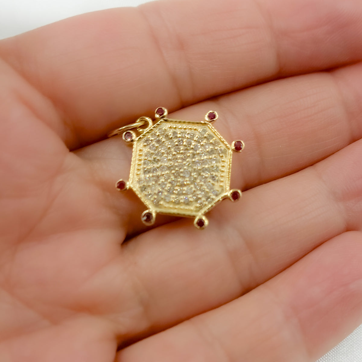 GDP560. 14k Solid Gold Diamond and Gemstone Octagon Charm