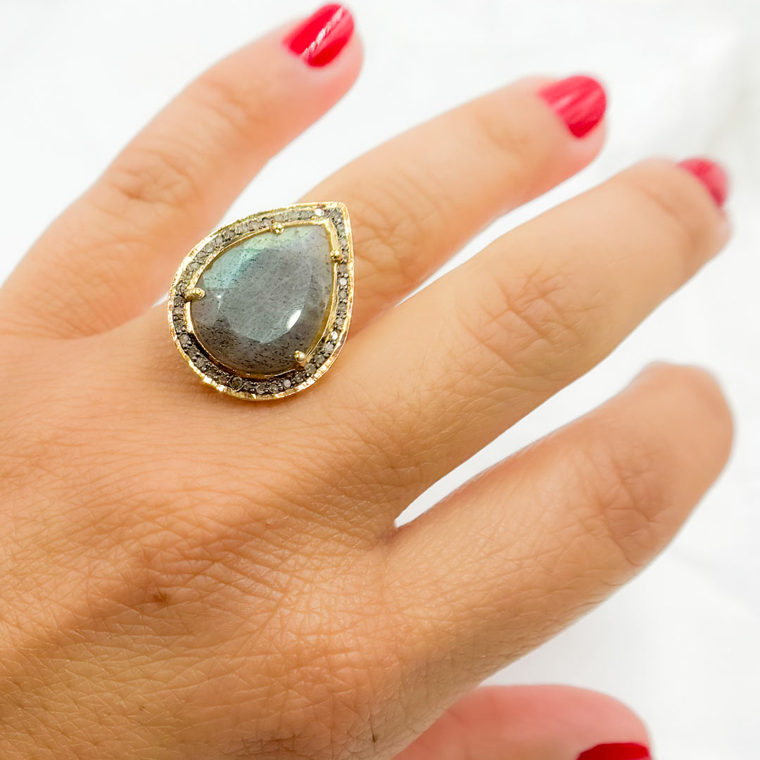 DE033. Diamond Sterling Silver Labradorite Drop Ring