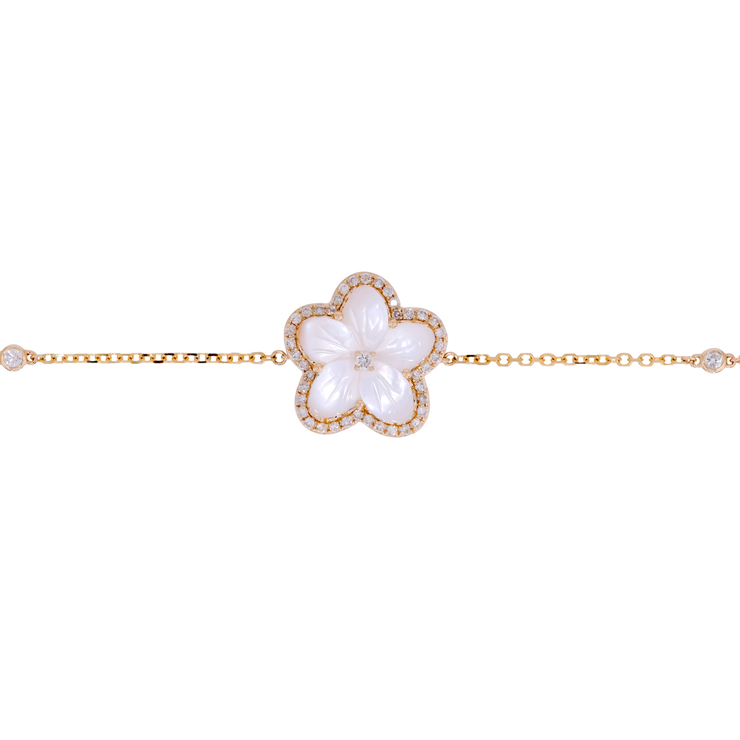 BFG60926PL. 14K Solid Gold Diamond and Mother of Pearl Flower Bracelet