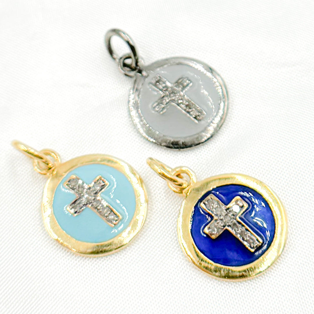 DC028A. Diamond Sterling Silver Round Cross Enamel Charm