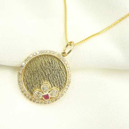 14K Solid Gold Circle Flower Diamonds & Gemstone. KG166