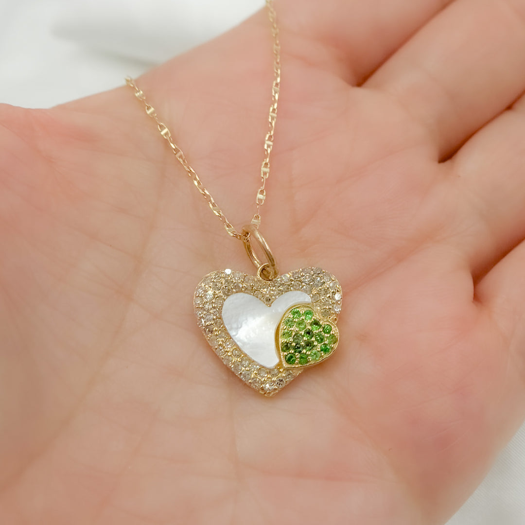 14K Solid Gold Mother of Pearl and Gemstone (Emerald or Blue Sapphire) Diamond Heart Charm. KG243