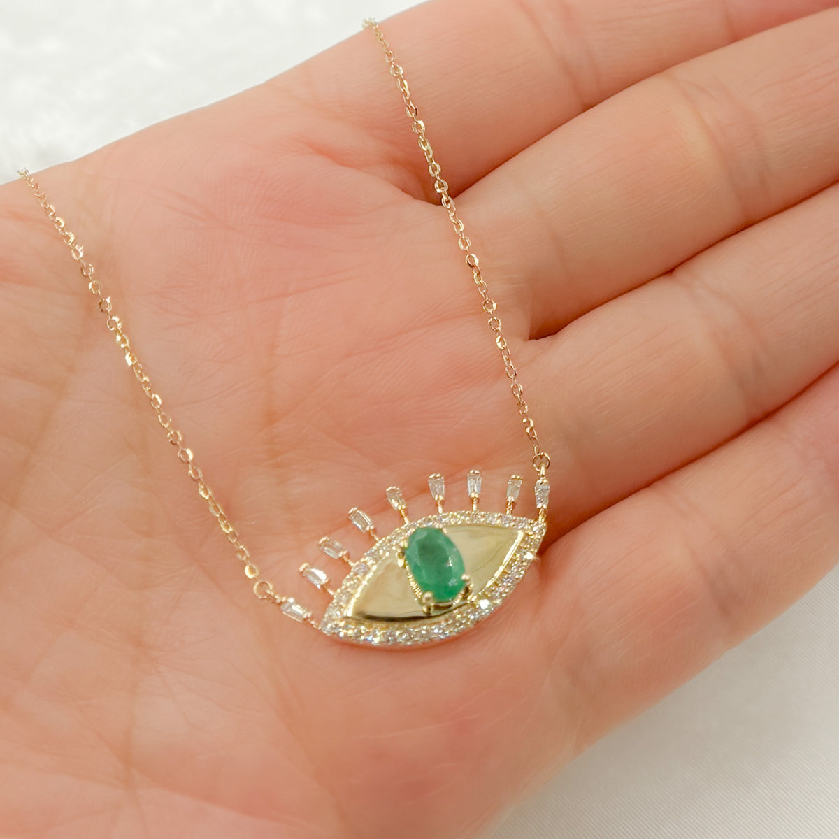 CN96319. 14K Solid Gold Diamond and Gemstone Eye Necklace