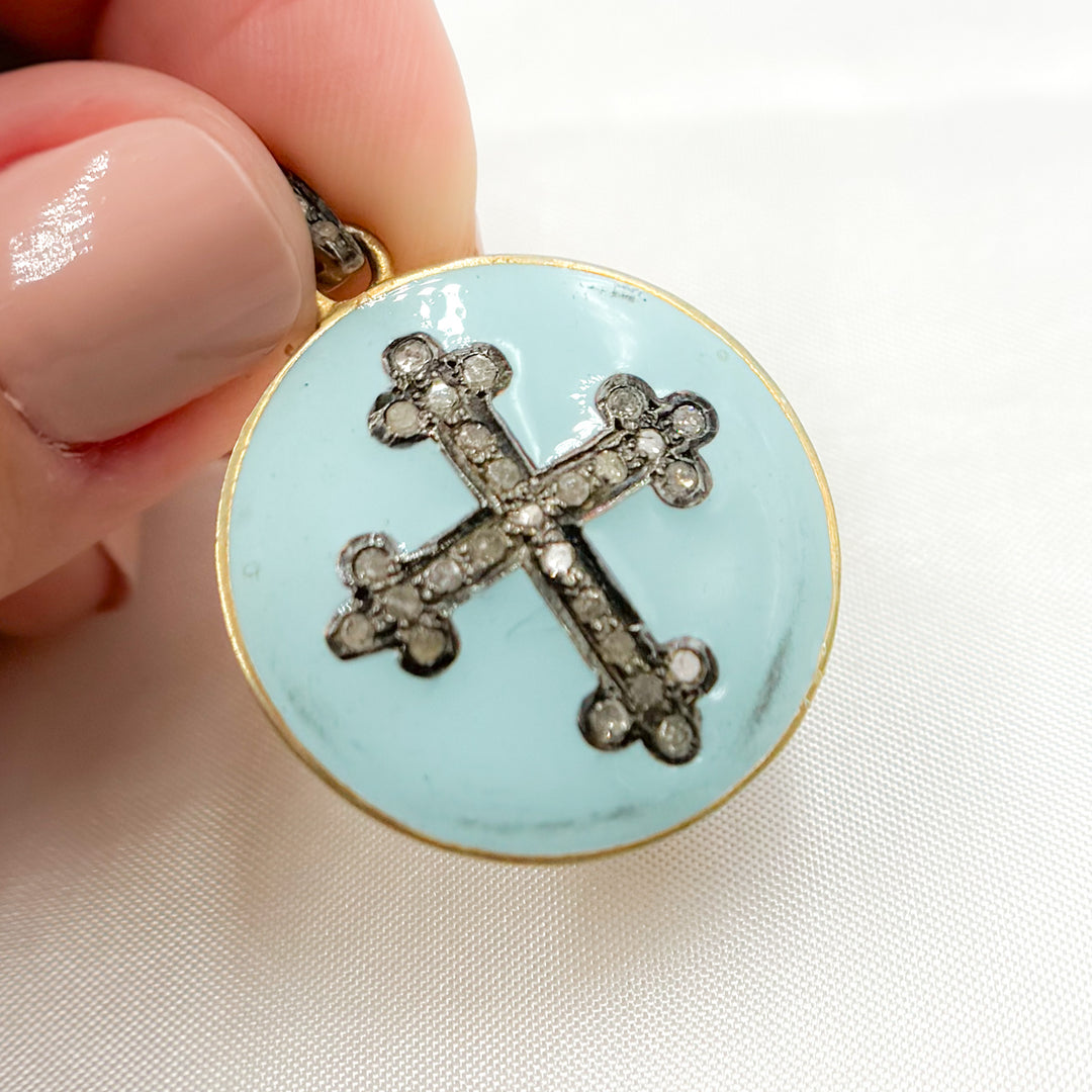 DP445A. Diamond Sterling Silver Round Cross Enamel Pendant