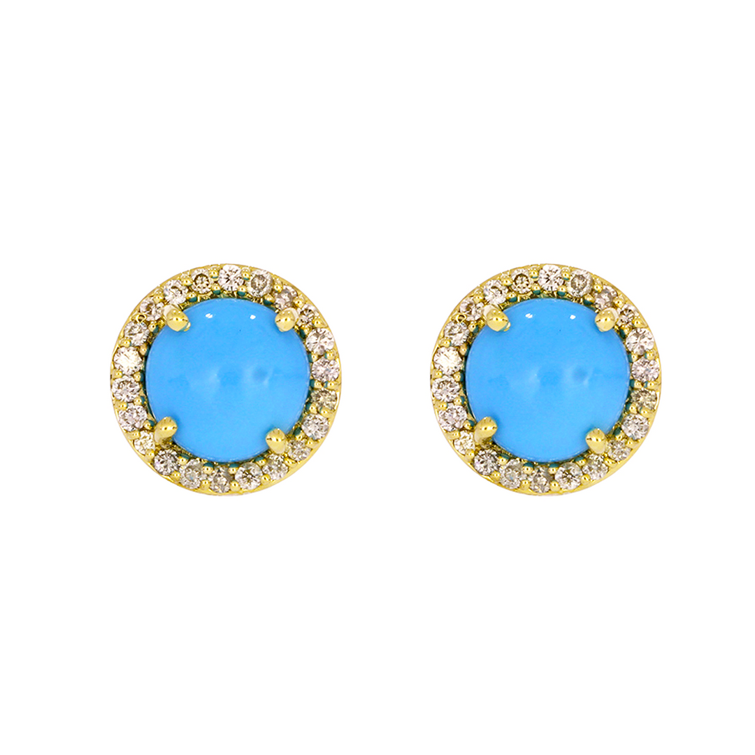 EFD53654TQ. 14K Solid Yellow Gold Diamond and Turquoise Round Stud Earring