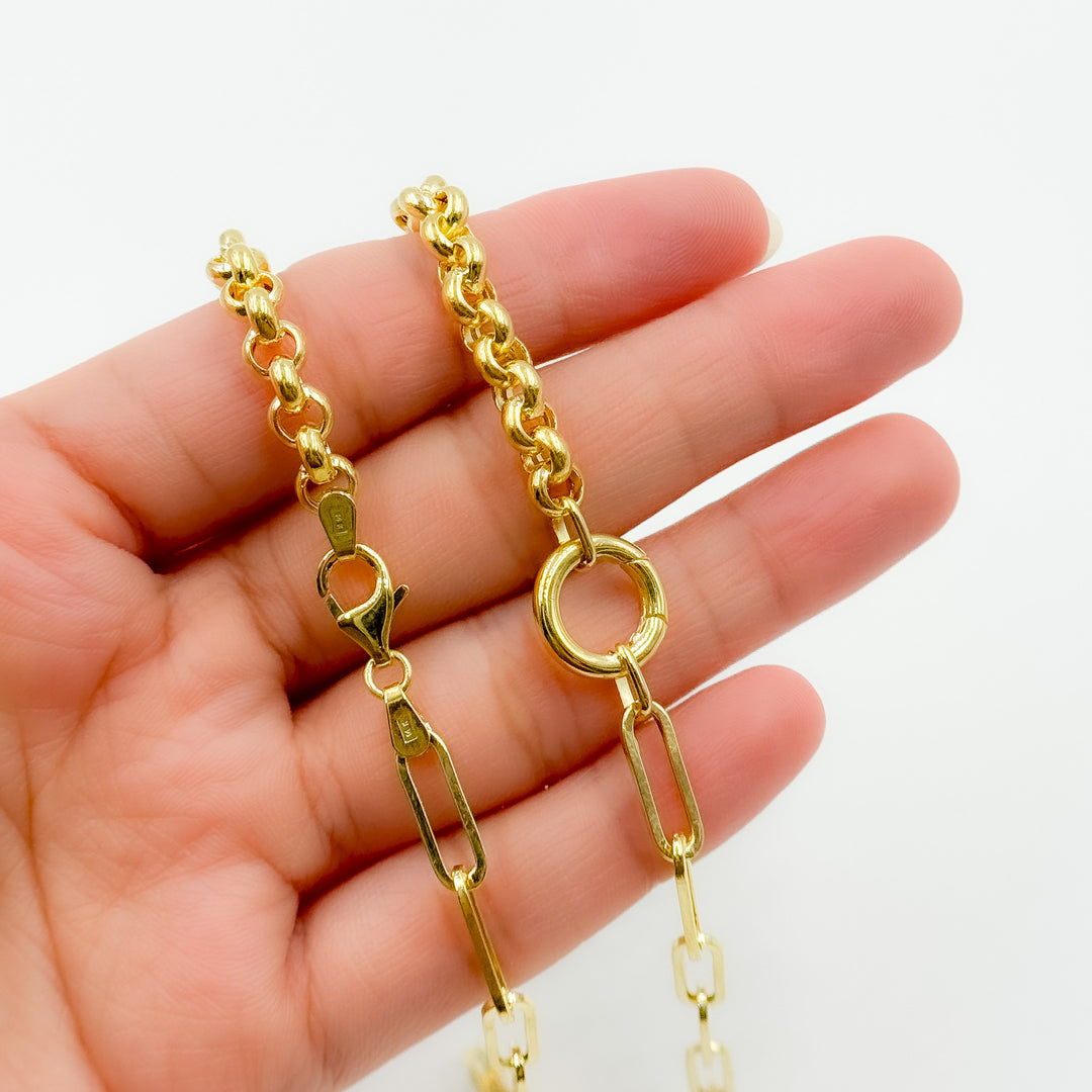 TRE007. 14K Solid Gold Hollow Paperclip and Rolo Fancy Necklace