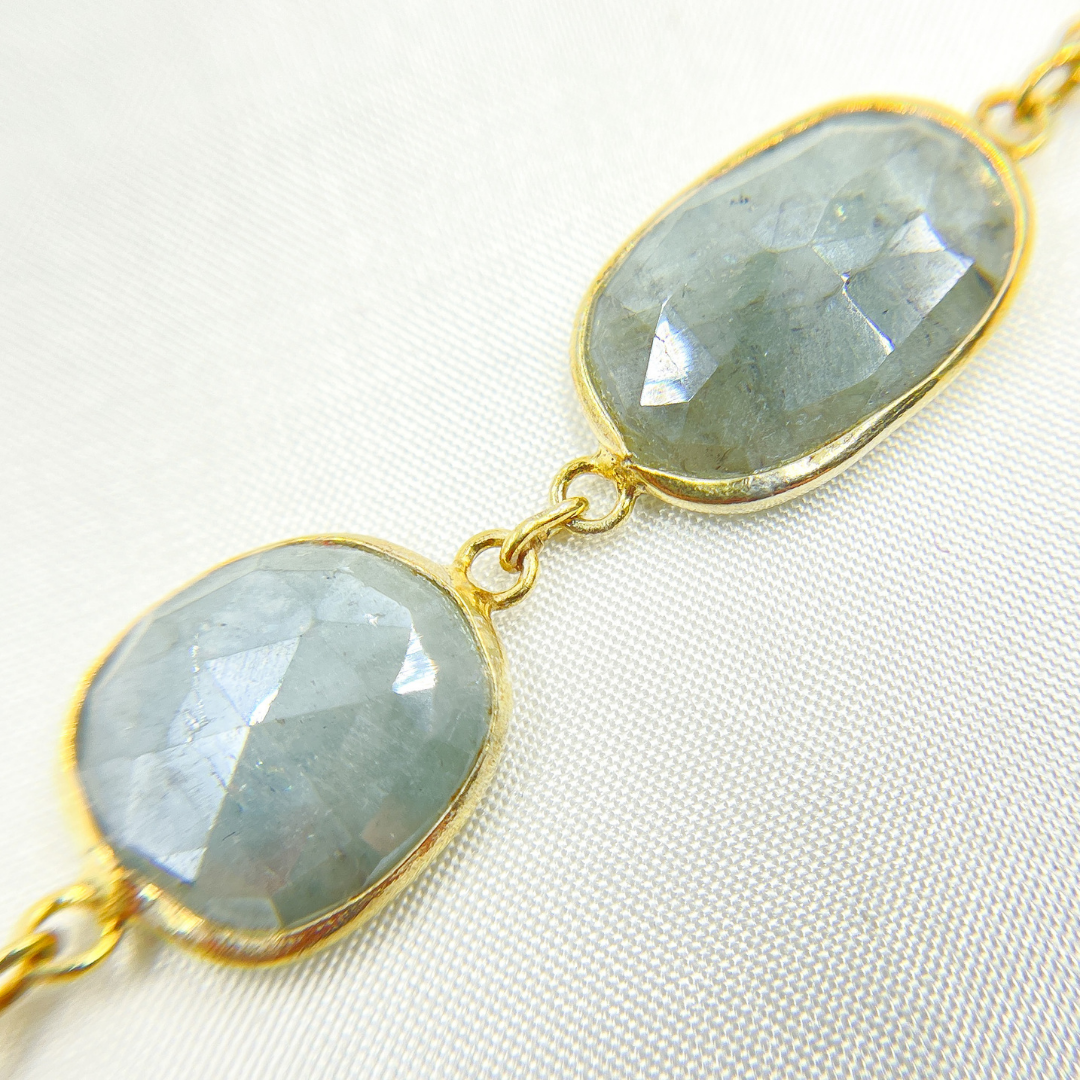 AQU10. Coated Aquamarine Organic Shape Bezel Gold Plated Wire Chain