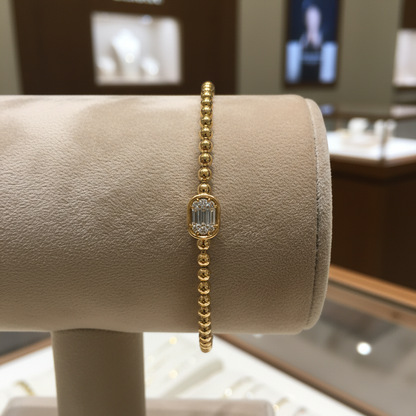 BNB68644. 14K Solid Gold Baguette Diamond Beaded Bangle