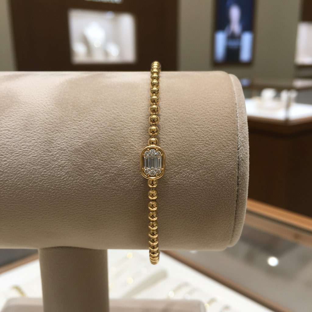 BNB68644. 14K Solid Gold Baguette Diamond Beaded Bangle