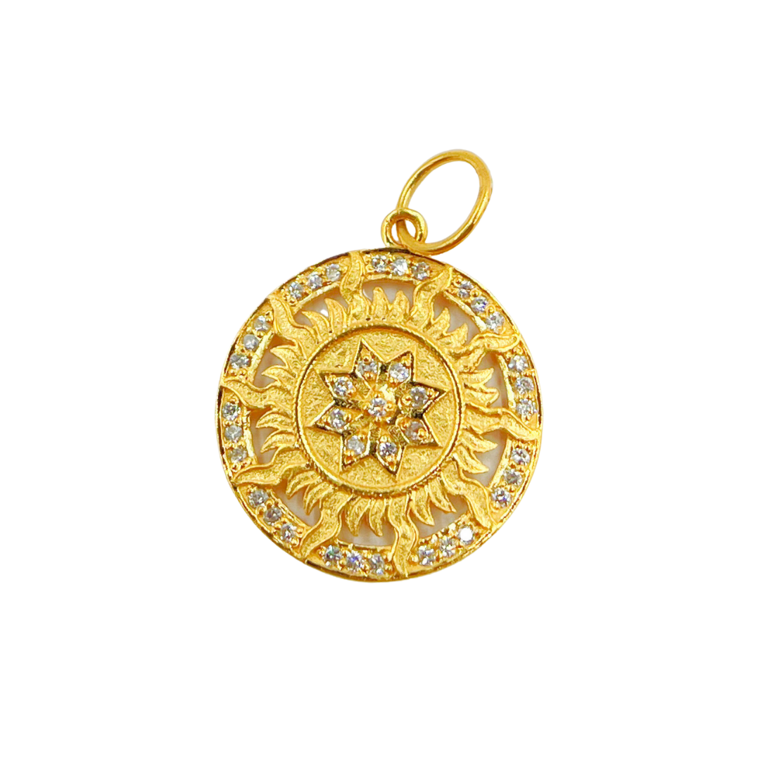 14K Solid Gold Diamond Circle Sun Charm with Star in the Center. GDP257