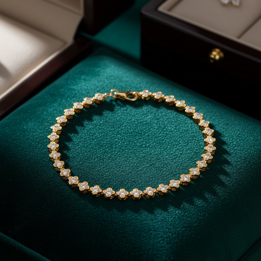BR403957. 14k Solid Gold Diamond and Diamond Fancy Flower Bracelet