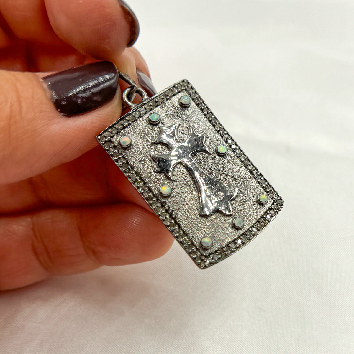 DP312. Diamond Sterling Silver Rectangle Cross Pendant with Gemstone