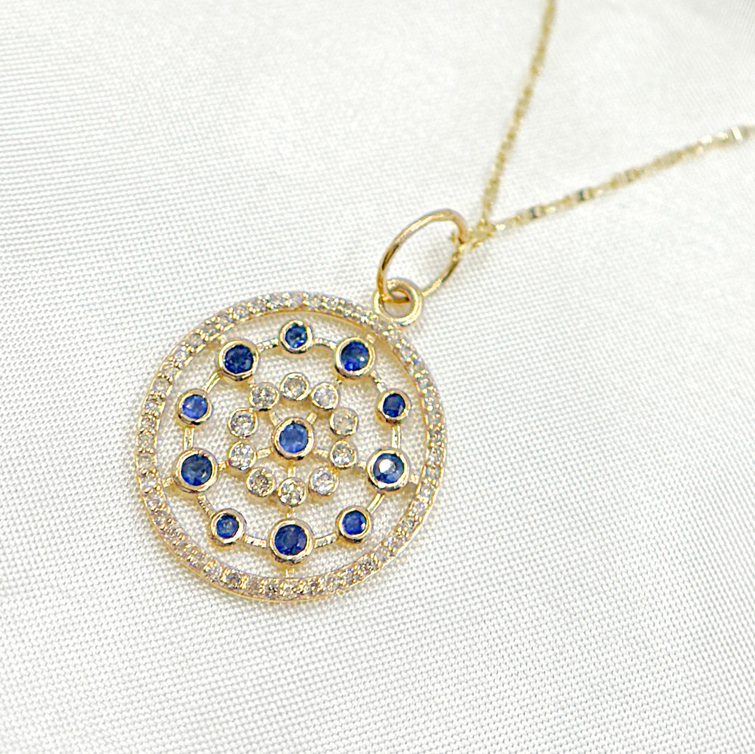 14k Solid Gold Diamond and Blue Sapphire Circle Charm. GDP414