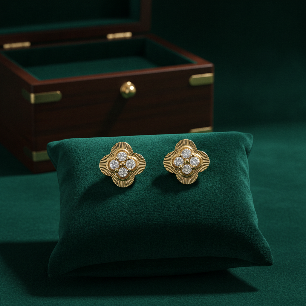 EFA53390. 14K Solid Gold Diamond Flower Stud Earrings
