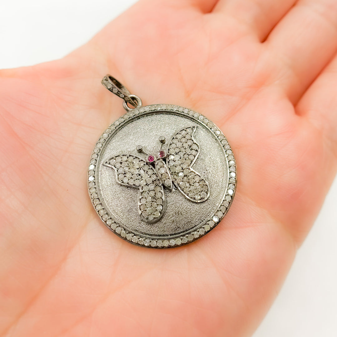 DP381. Diamond Sterling Silver Round Butterfly Pendant with Gemstone