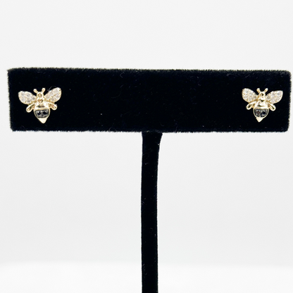 ER417984Y. 14K Solid Gold Diamond and Black Diamond Bee Studs Earrings