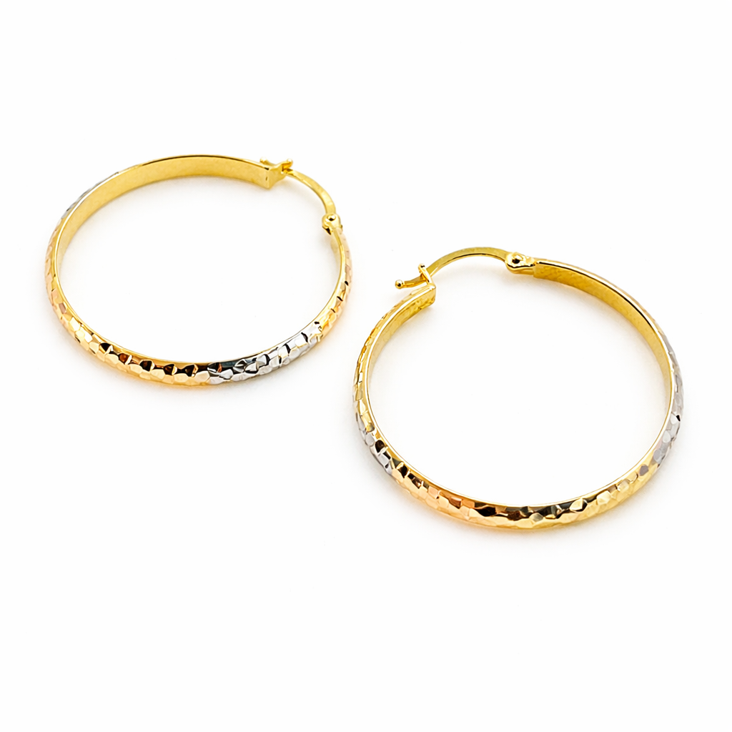 GER65. 14K Gold Tri-Color Hoop Earrings with Engraved Tornado Design