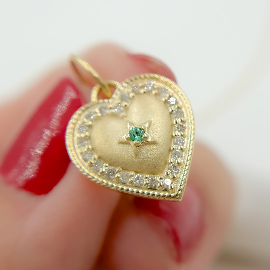 14k Solid Gold Diamond and Emerald Heart Charm.  GDP627