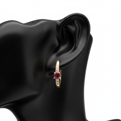 EHA57619RU. 14K Solid Gold Ruby & Diamond & Hoop Earrings