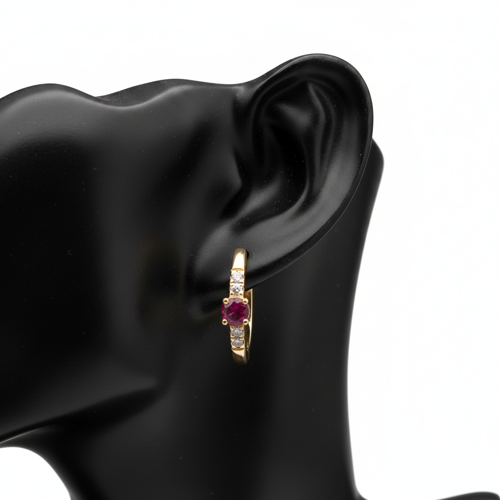 EHA57619RU. 14K Solid Gold Ruby & Diamond & Hoop Earrings