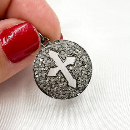 DC302. Diamond Sterling Silver Round Cross Pendant