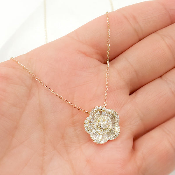 14K Solid Gold Diamond Flower Necklaces