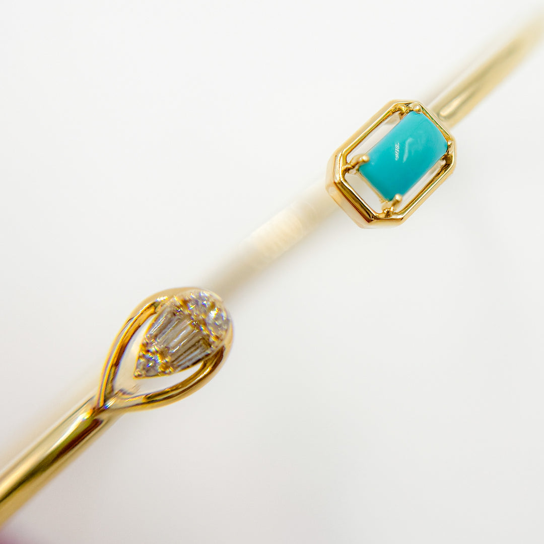 BNA68584TQ. 14K Solid Gold Diamond and Turquoise Open Bangle