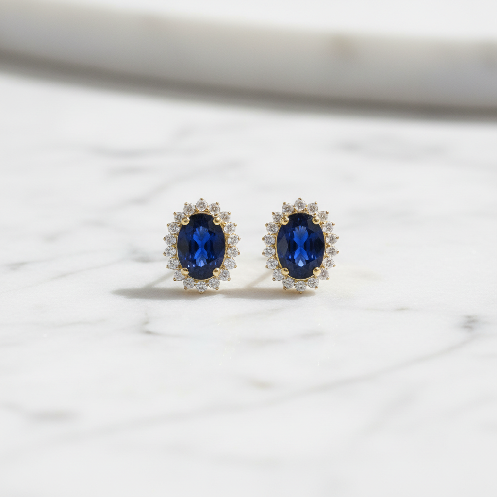 ER113641. 14k Solid Gold Diamond and Gemstone Oval Stud Earrings