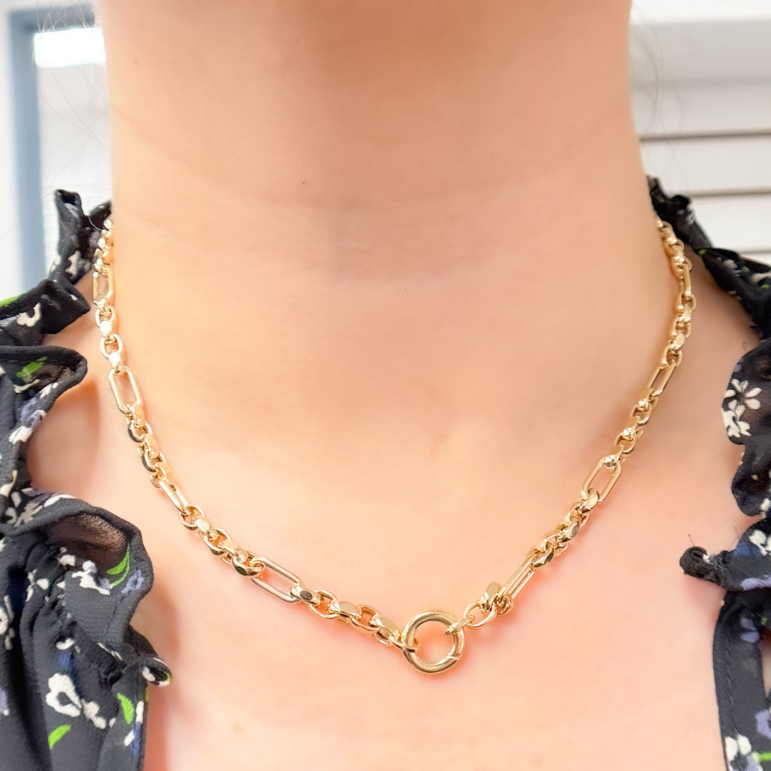 14K Solid Gold Hollow Long and Short Fancy Necklace