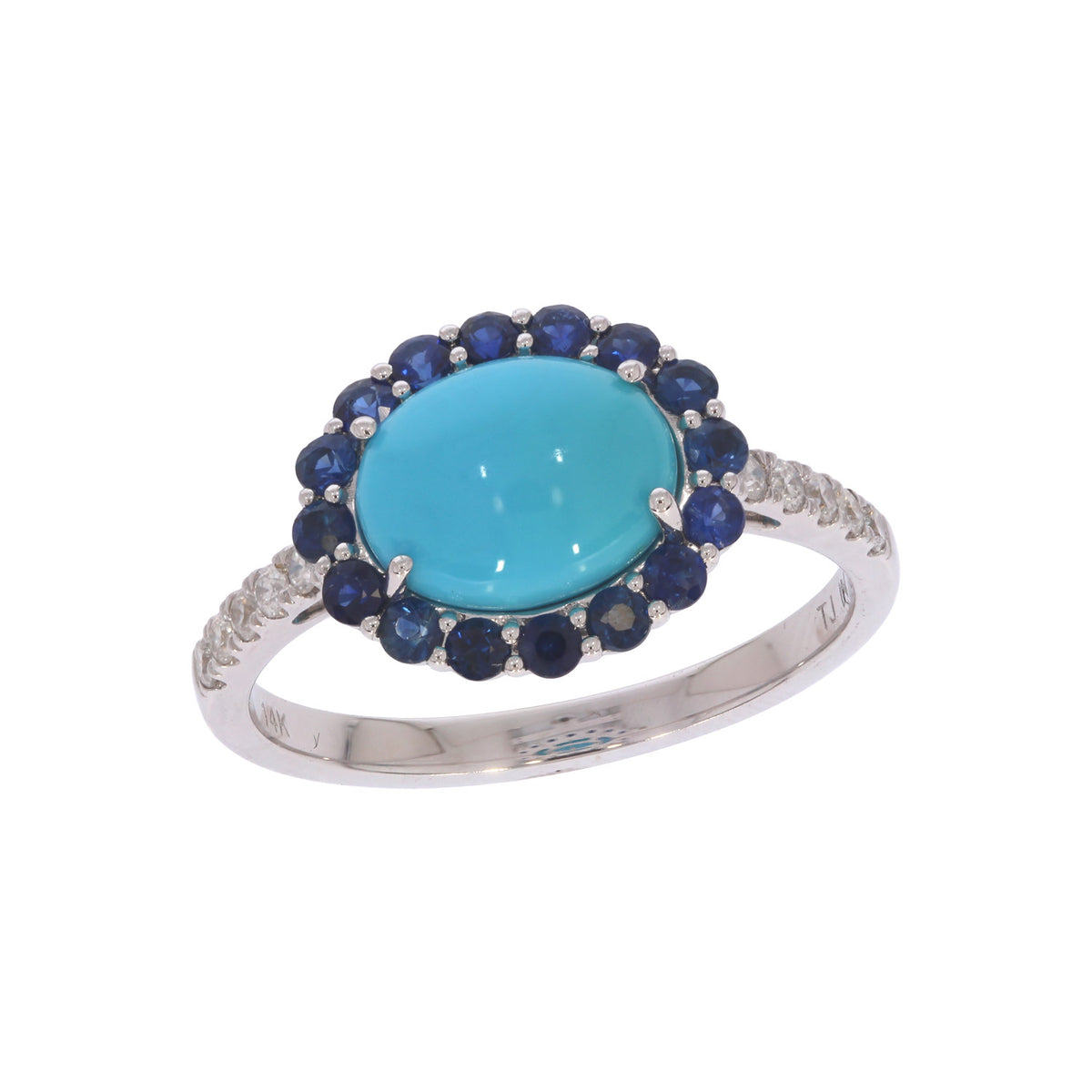 DRN06297. 14K Solid Gold Diamond, Blue Sapphire and Turquoise Ring