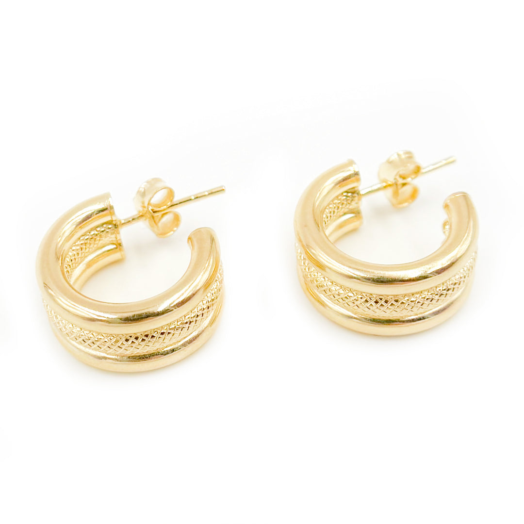 15850025518. 14K Solid Gold Smooth and Textured Triple Line Hollow Hoop Earrings