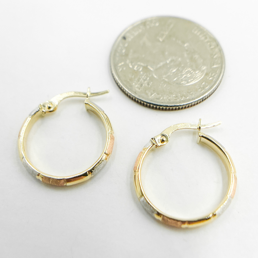 GER50. 14K Solid Tri-Tone Gold Earrings Circle Shape Hoop