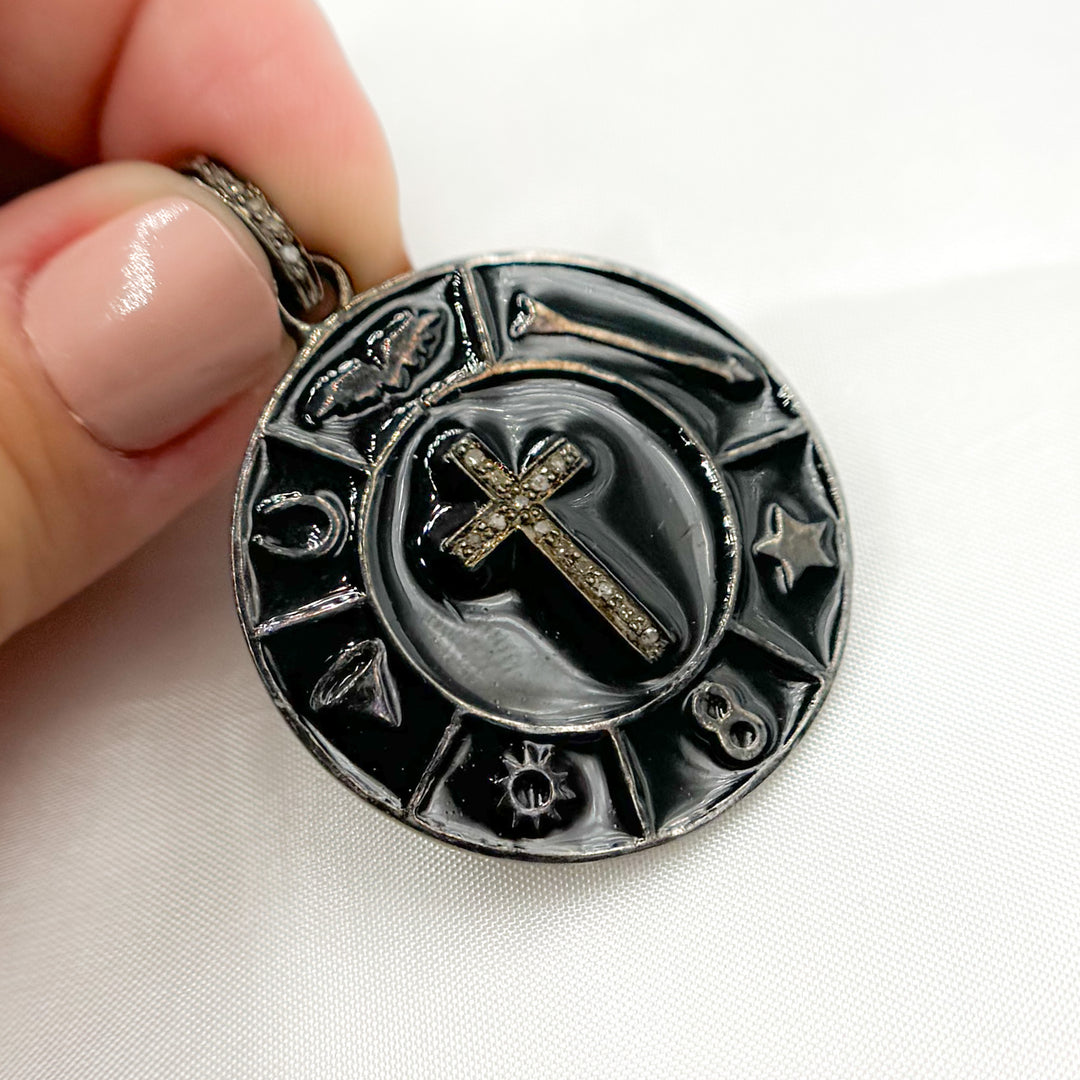 DP529A. Diamond Sterling Silver Round Cross Enamel Pendant