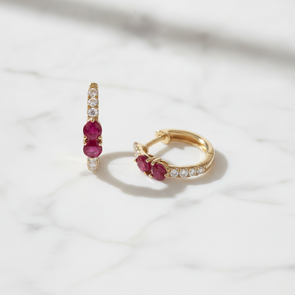 EHD57536RU. 14K Solid Yellow Gold Diamond & Ruby Huggie Earrings