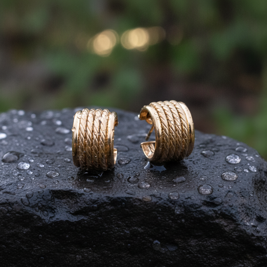 15850018990. 14K Solid Gold Ribbed Hollow Hoop Earrings