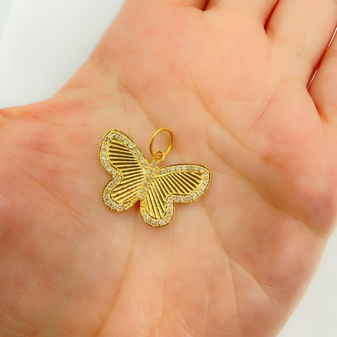 14K Solid Gold Charm. Butterfly Pendant with Diamonds. GDP191