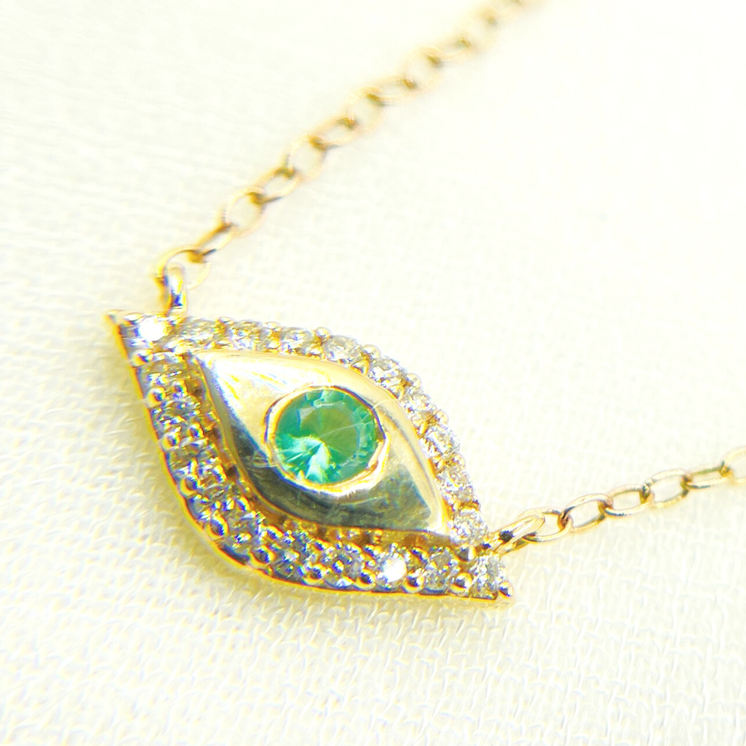 14k Solid Gold  Diamonds and Emerald Evil Eye Necklace. NFB71122EM