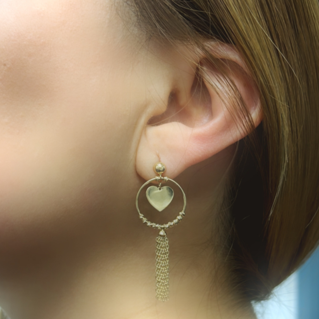 14K Gold Hoop with Heart and Diamond Cut Ball Earrings. GER109