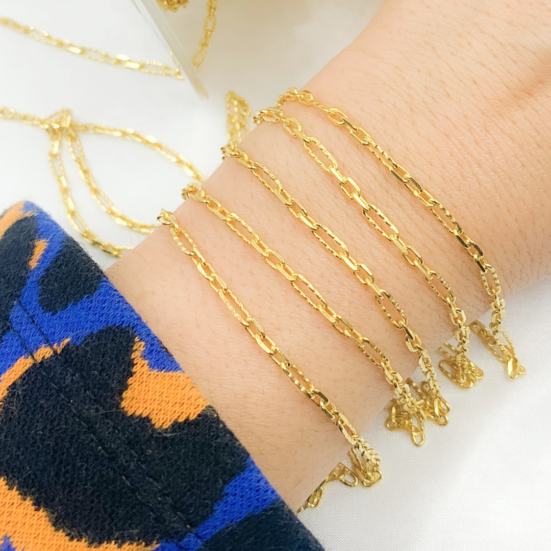 Gold Plated 925 Sterling Silver Hammered Long & Short Oval Link Chain