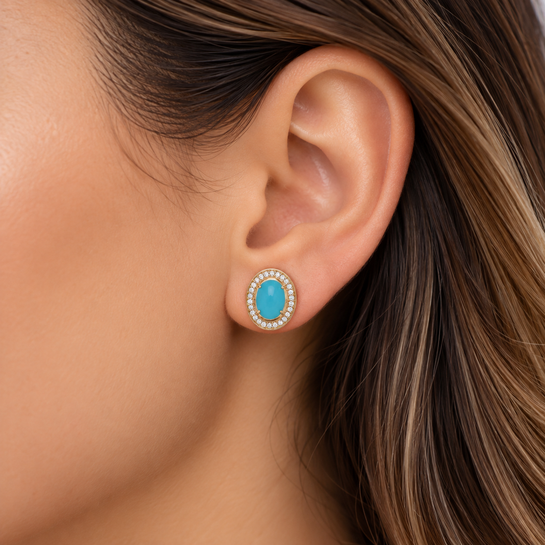 CE97455TQ9X7. 14K Solid Gold Diamond and Turquoise Oval Stud Earrings