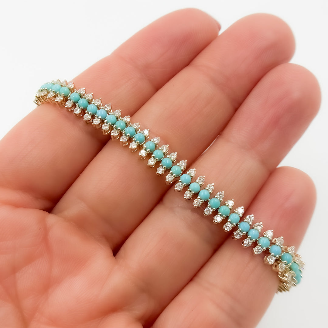 BFN60696TQ. 14k Solid Gold Diamond and Turquoise Bracelet