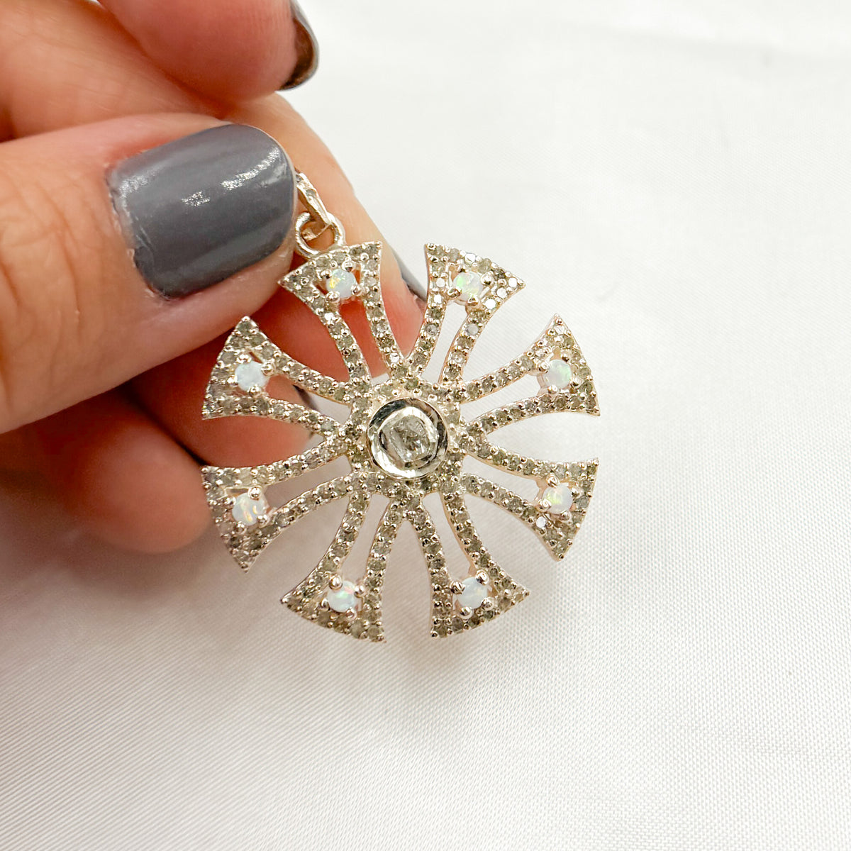 DP460. Diamond & Sterling Silver Fancy Shape Pendant with Polki Diamond and Gemstone