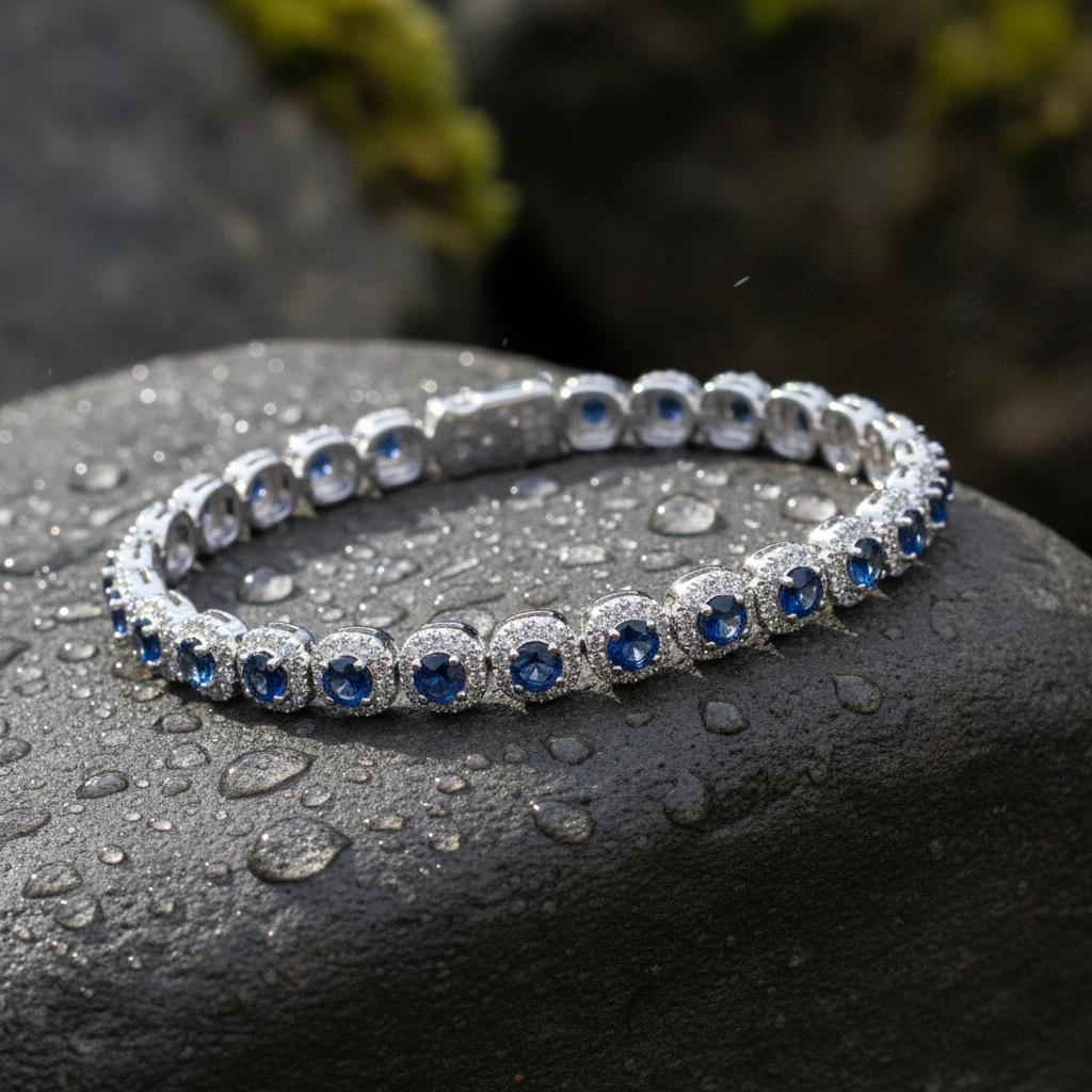 CB97418BS3. 14K White Solid Gold Diamond and Blue Sapphire Fancy Bracelet