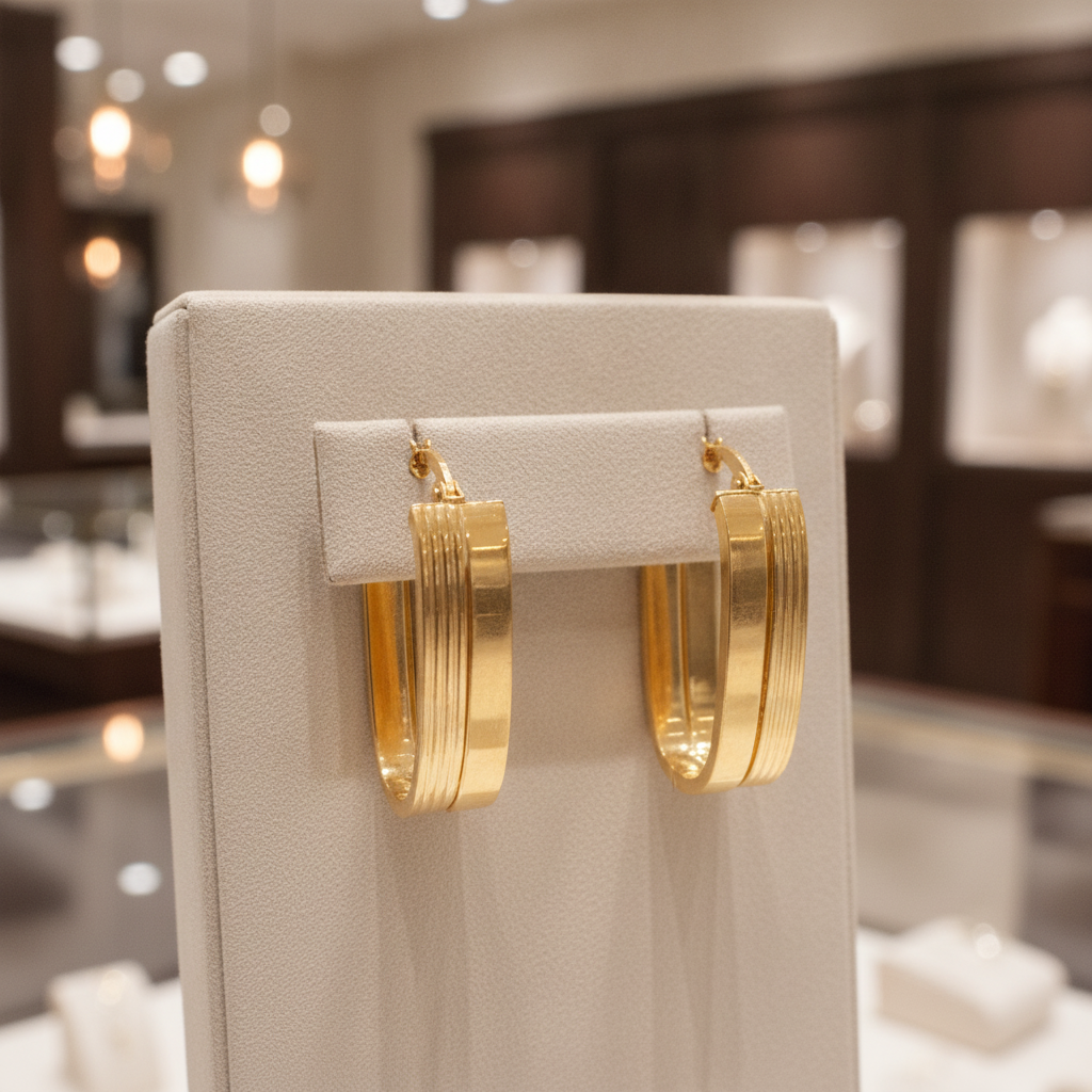 15850022147. 14K Solid Gold Smooth and Ribbed Rectangular Hollow Hoop Earrings