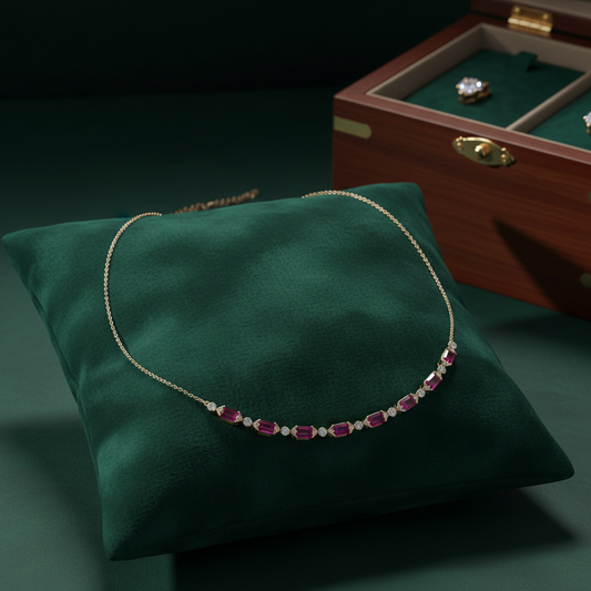CN97254RU5X3. 14K Solid Gold Diamond & Ruby Necklace