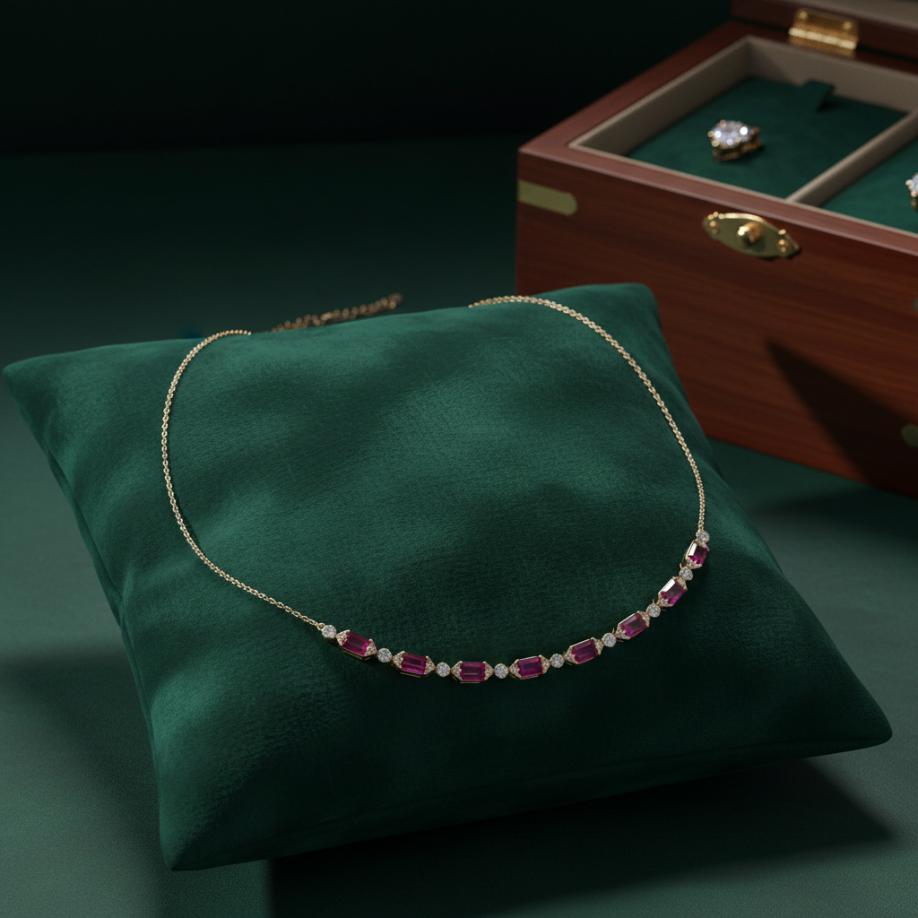 CN97254RU5X3. 14K Solid Gold Diamond & Ruby Necklace