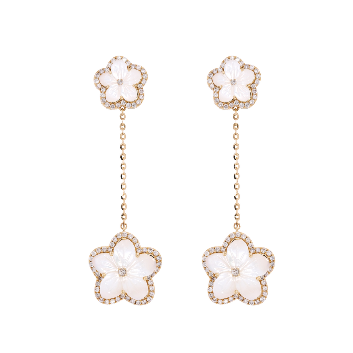 14K Solid Gold Diamond Mother of Pearl Flower Dangle Earrings